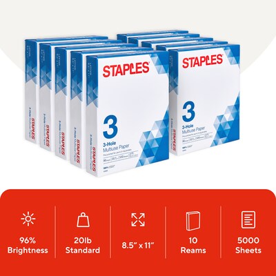 Staples 8.5 x 11 3-Hole Punch Multipurpose Paper, 20 lbs., 96 Brightness, 500/Ream, 10 Reams/Carton (05030)