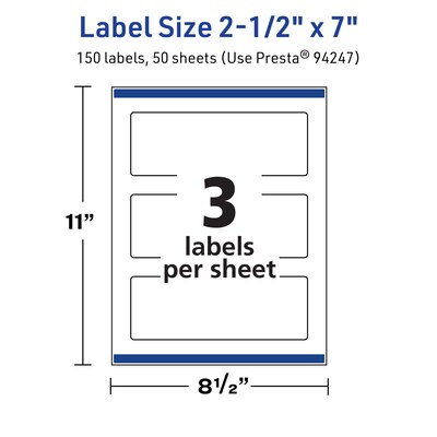 Avery TrueBlock Laser/Inkjet Rectangle Multipurpose Labels, 2.5" x 7", White, 150/Box (94247)
