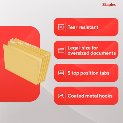 Staples® Hanging File Folders, 1/5-Cut Tab, Letter Size, Yellow, 25/Box (ST163519-CC)