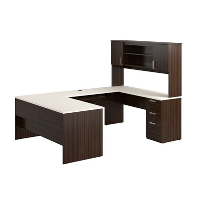 Bestar Ridgeley U Shaped Desk with Drawers, Hutch, and Keyboard Tray, White Chocolate (52414-31)