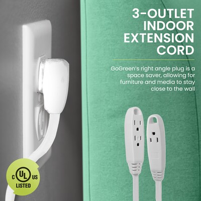 GoGreen Power 8' Extension Cord, 3-Outlet, 16 AWG, White (GG-19608)