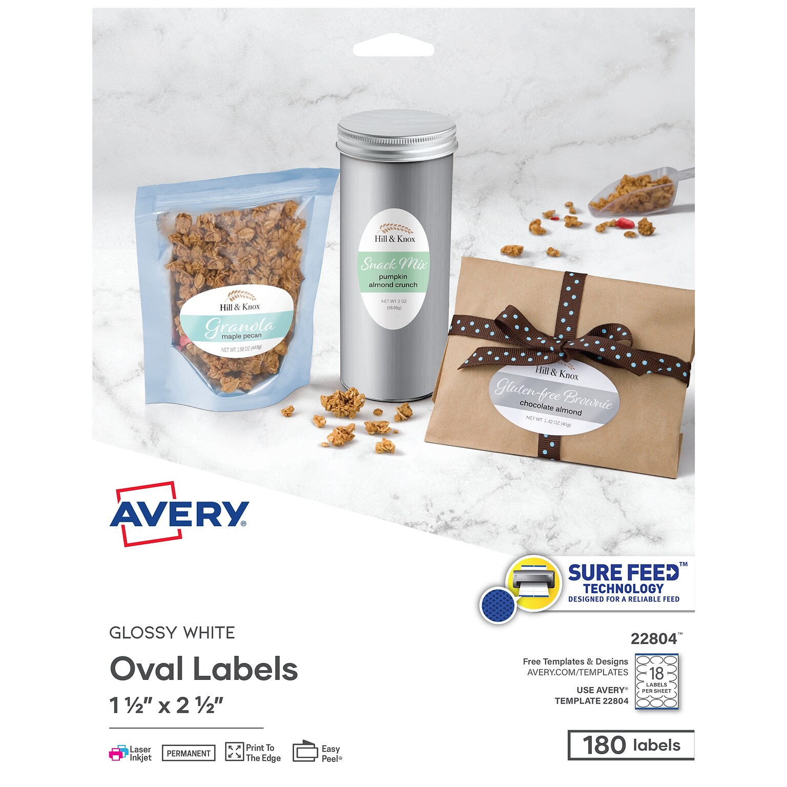 Avery Easy Peel Laser/Inkjet Oval Labels, 1 1/2 x 2 1/2, Glossy White, 180 Labels/Pack (22804)