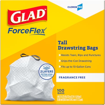 Glad ForceFlex Tall 13 Gallon Drawstring Kitchen Trash Bag, White, 100 Total Bags (78526)