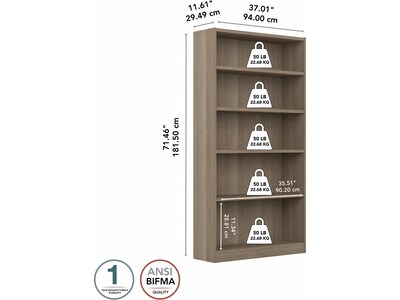 Bush Furniture Universal 72"H 5-Shelf Bookcase with Adjustable Shelves, Ash Gray Laminated Wood (WL12427)
