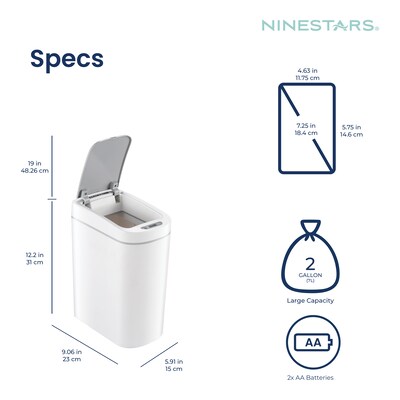 Nine Stars Trash Can Plastic Indoor Sensor Trash Can, 1.85 Gallon, White, 2/Pack (DZT-7-2B)