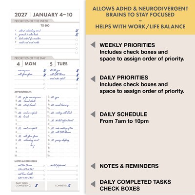 2027 Excello Brands Essential Pro Planner 8.5" x 11" Calendar Year Weekly & Monthly, Hardcover, Small Navy Floral