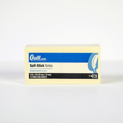 Quill Brand® Sticky Notes, 3" x 3", Yellow, 100 Sheets/Pad, 12 Pads/Pack (7384YW)