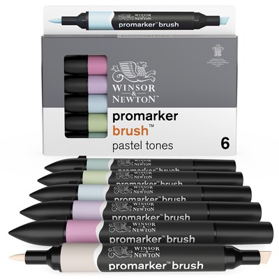 Winsor & Newton Promarker Dual-Tip Brush Alcohol Based Marker, Pastel Tones, 6/Pack (WNX0290125)