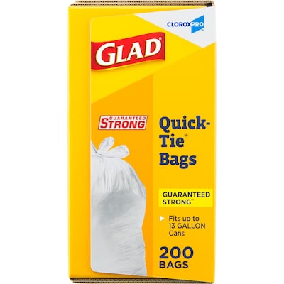Glad Quick-Tie Tall Kitchen Trash Bags, 13 Gallon, 200/Box (15931)