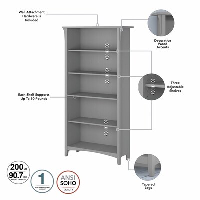 Bush Furniture Salinas 63"H 5-Shelf Bookcase with Adjustable Shelves, Cape Cod Gray Laminated Wood (SAB132CG-03)