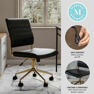 Martha Stewart Ivy Armless Faux Leather Swivel Office Chair, Black/Polished Brass (CH2209211BKGLD)