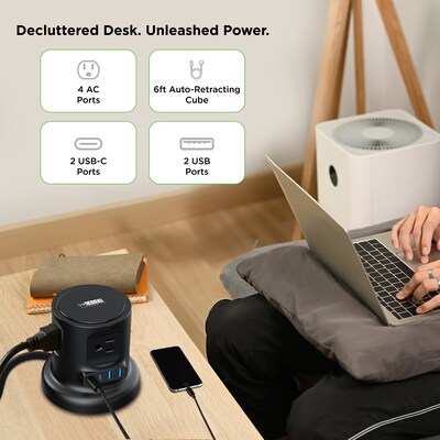 Uncaged Ergonomics Retractable Cube 6' Extension Cord, 4-Outlet, 18 AWG, Black (RC-BLACK)