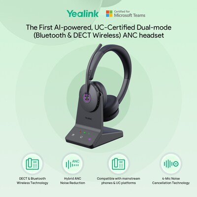 Yealink WH68 Wireless Active Noise Cancelling Stereo Phone Headset w/ Stand, UC Certified