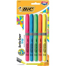 BIC Brite Liner Stick Highlighter with Grip, Chisel Tip, Assorted, 5/Pack (31257)