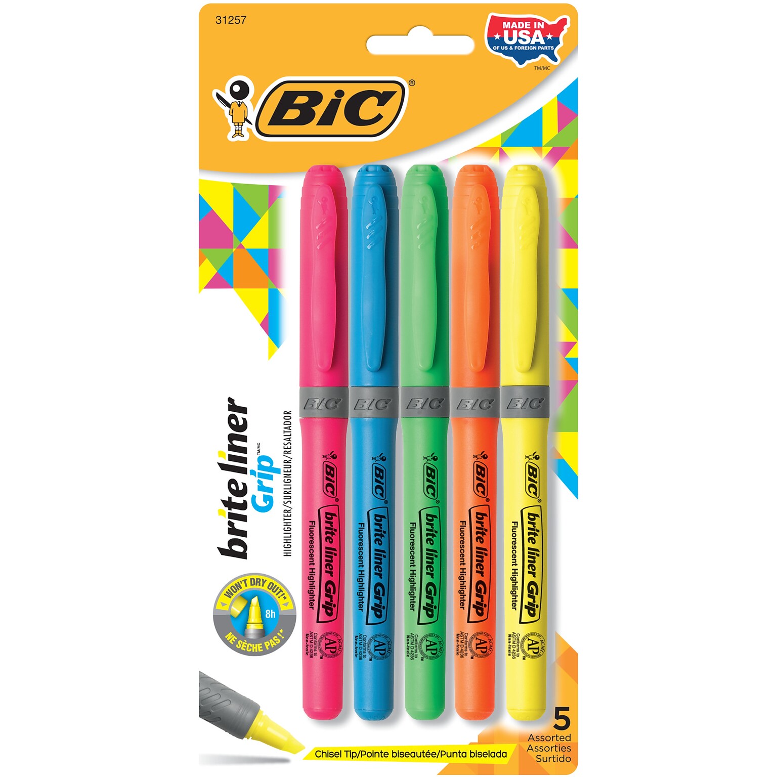 BIC Brite Liner Stick Highlighter with Grip, Chisel Tip, Assorted, 5/Pack (31257)