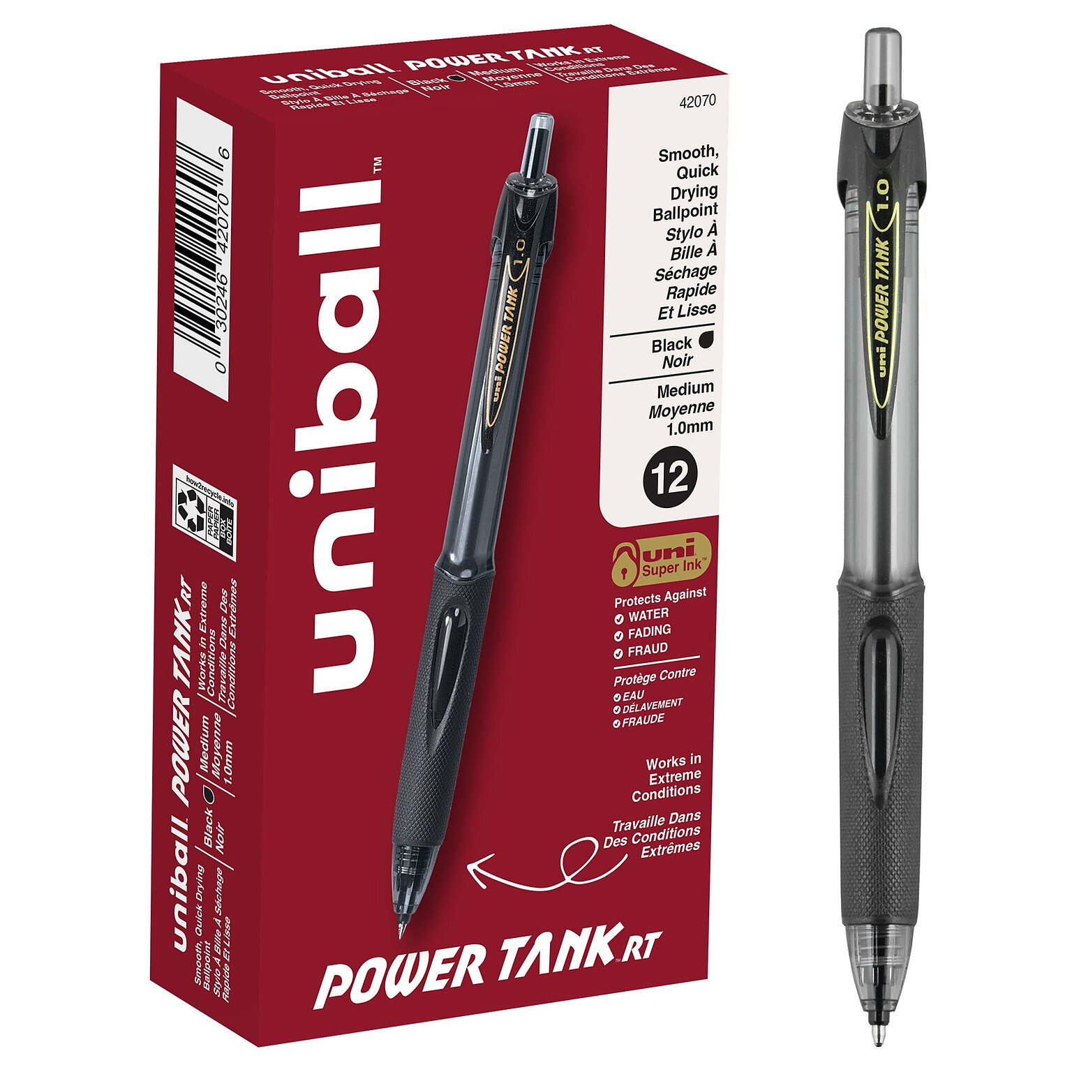 uni Power Tank RT Ballpoint Pens, Medium Point, 1.0mm, Black Ink, 12/Pack (42070)