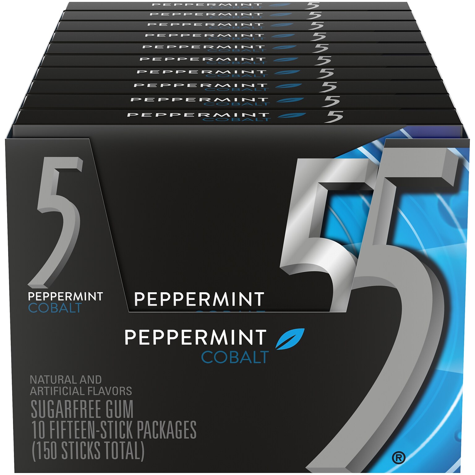 5 GUM Sugar Free Peppermint Cobalt Gum, 15 Sticks/Pack, 10 Packs/Box (WMW51220)