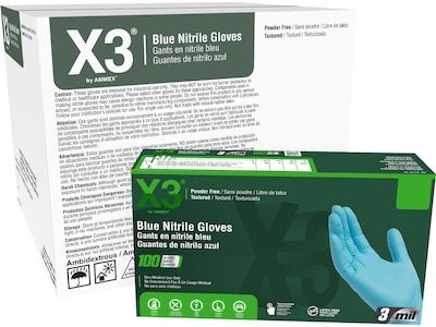 Ammex X3 Nitrile Gloves, Large, Blue, 100/Box, 10 Boxes/Carton (X346100XX)