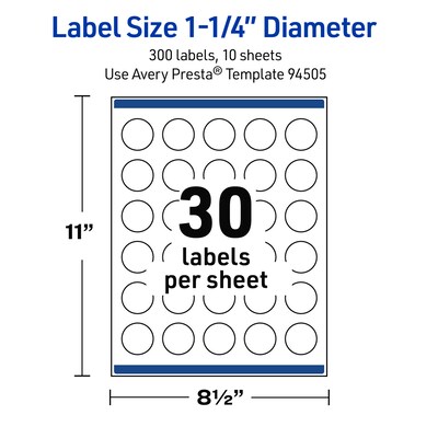 Avery Waterproof Round Laser Multipurpose Labels, 1.25" Dia., White, 300/Pack (19479399420)