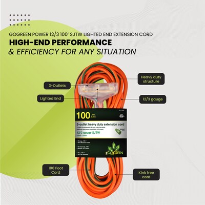 GoGreen Power 100' Indoor/Outdoor Extension Cord, 3-Outlet, 12 AWG, Orange (GG-15200)