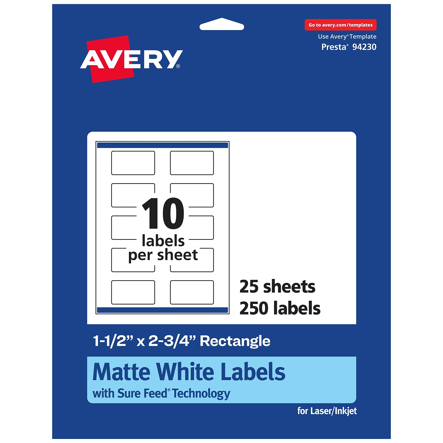 Avery Laser/Inkjet Rectangle Multipurpose Labels, 1.5 x 2.75, Matte White, 250 Labels/Pack (94230)