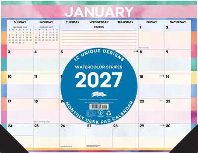 2027 Willow Creek Watercolor Stripes 22 x 17 Monthly Desk Pad Calendar, Assorted Colors (66645)