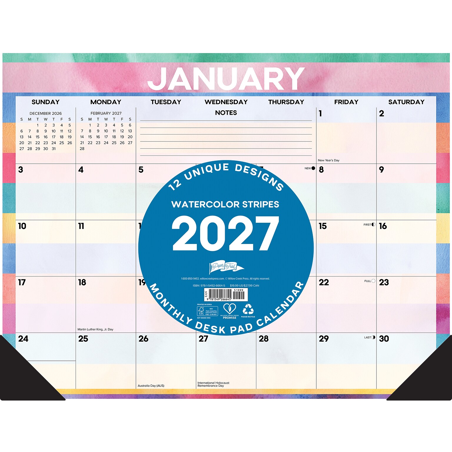 2027 Willow Creek Watercolor Stripes 22 x 17 Monthly Desk Pad Calendar, Assorted Colors (66645)