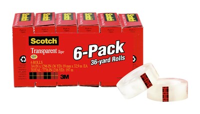 Scotch Transparent Tape Refill, 3/4 x 36 yds., 6 Rolls (600-6PK)