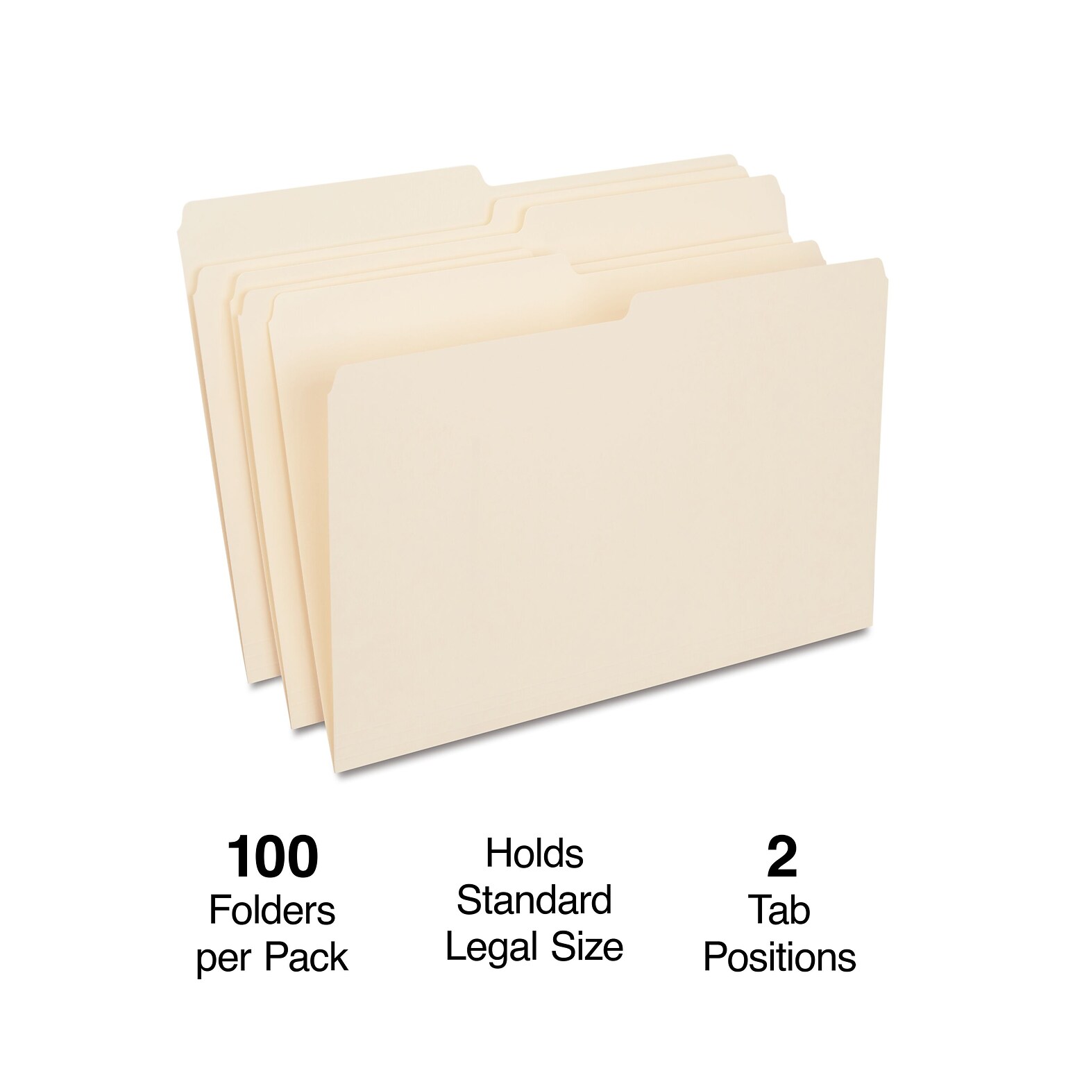 Staples Manila File Folders, Legal Size, 2-Tab Assorted Positions, Durable Paper Stock, 100/Box