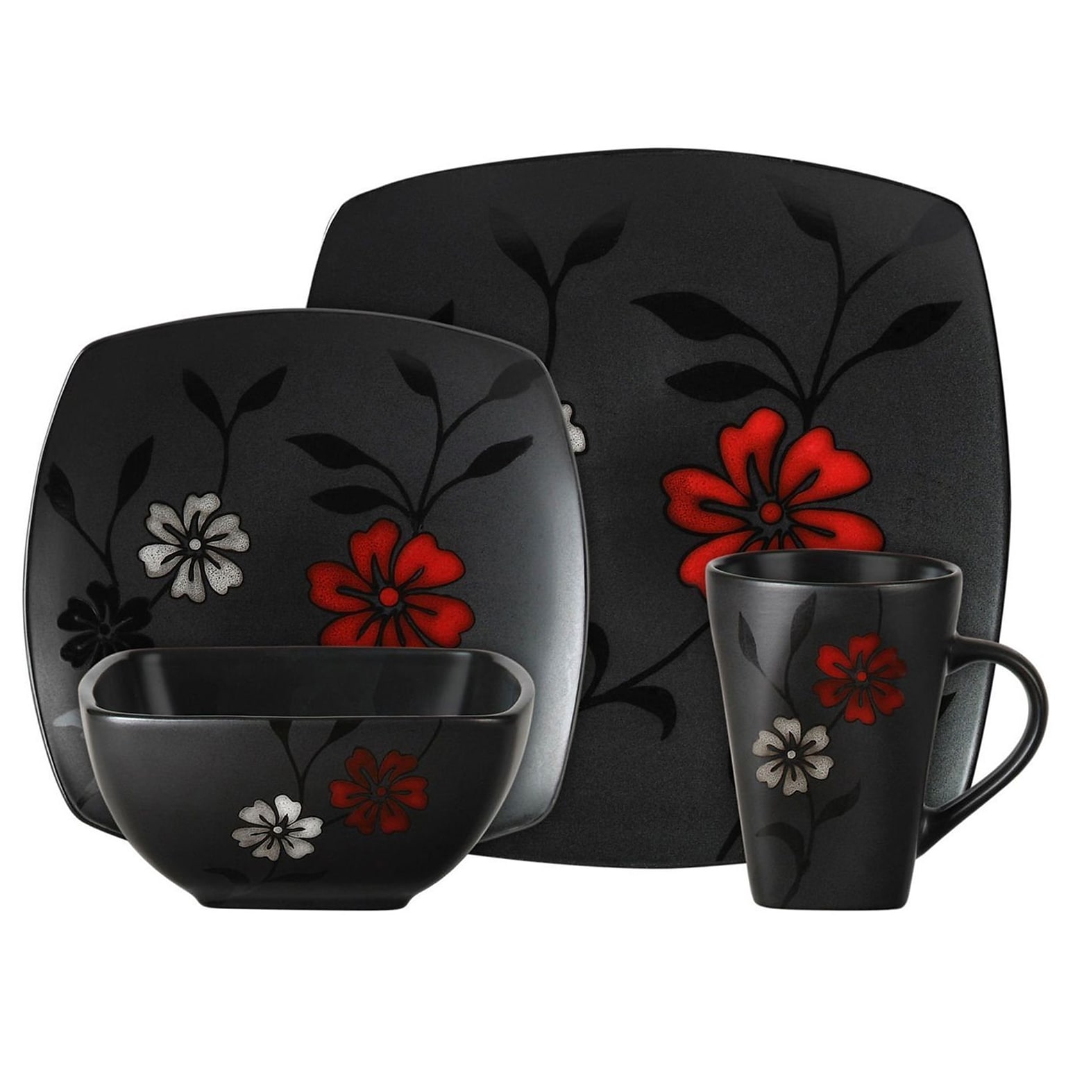 Gibson® Elite Couture Evening Blossom Dinnerware Set, 16 Piece, Black