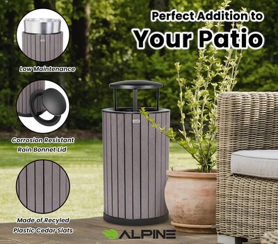 Alpine Industries Steel Outdoor Trash Can with Rain Bonnet Lid, 32 Gallon, Gray (ALP4400-01-GRY-RB)
