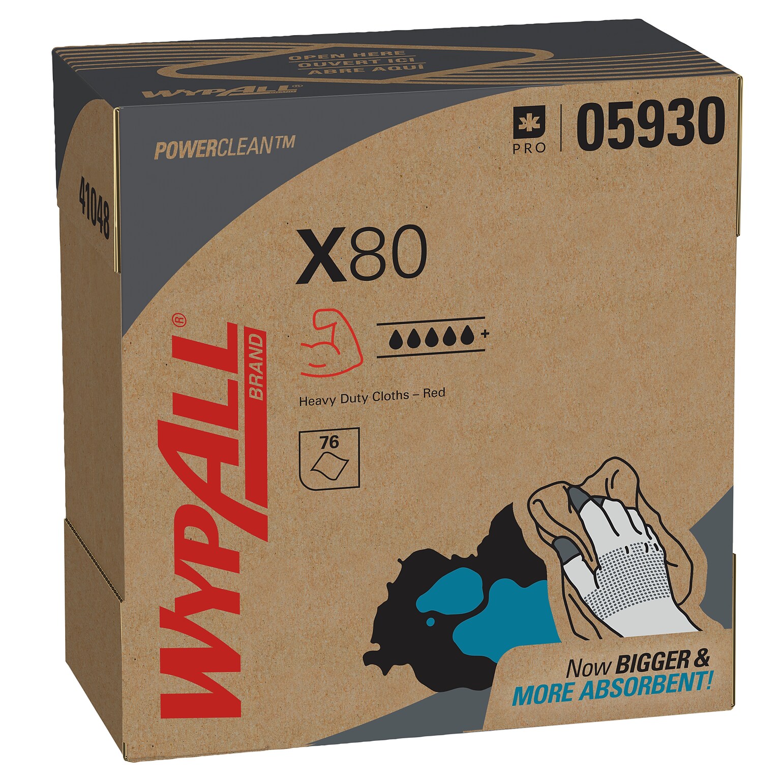 WypAll PowerClean X80 Cloths, 8.34 x 16.8, Red, 76 Sheets/Box, 5 Boxes/Carton (05930)