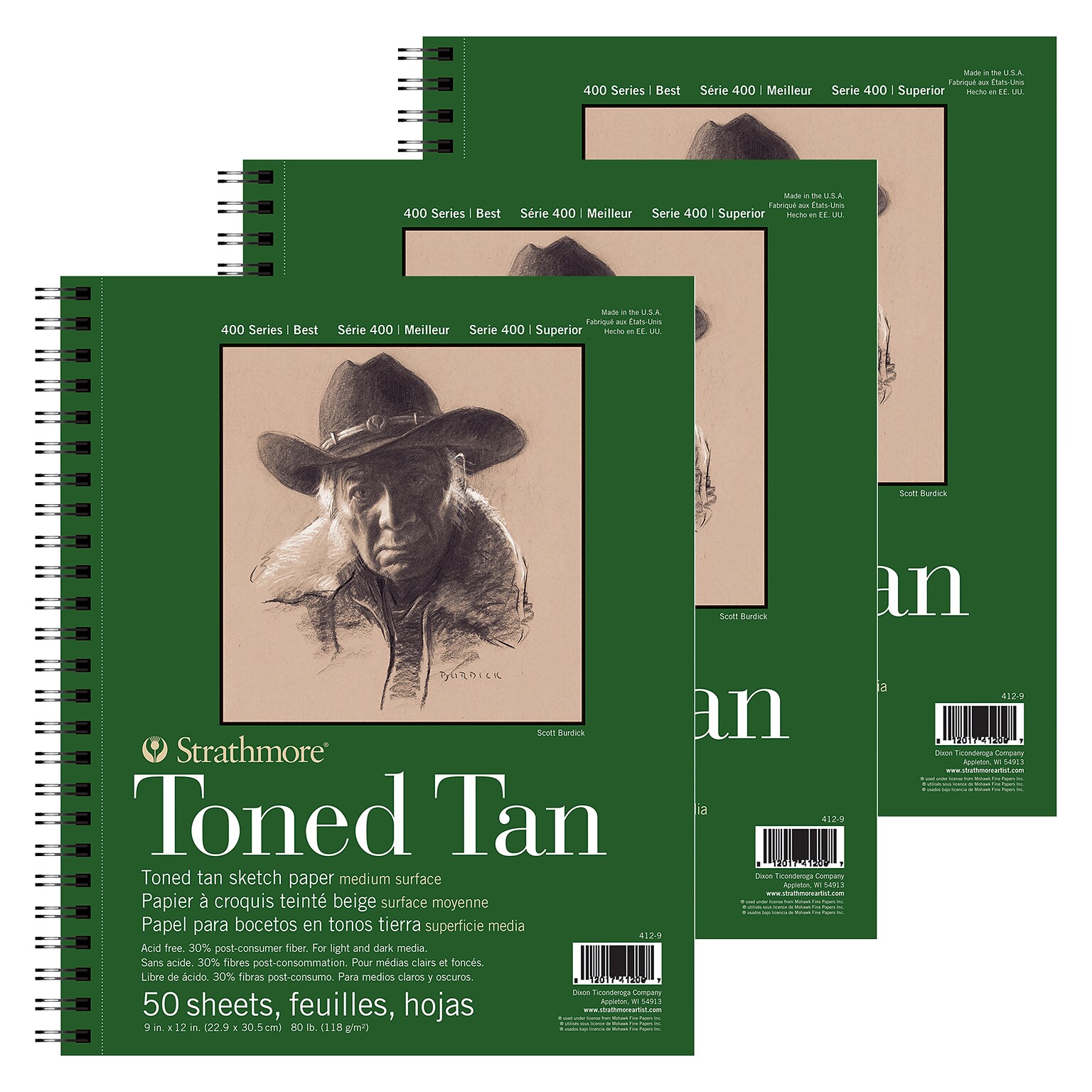 Strathmore 400 Series 9 x 12 Wire Bound Sketch Pad, 50 Sheets/Pad, 3/Bundle (STTP412903-3)