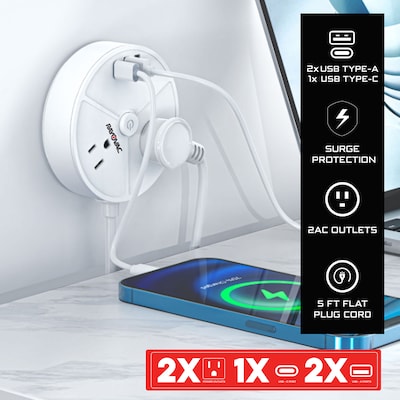 RAYOVAC Charge Disk 2-Outlet 3-USB Port Surge Protector, 5-ft., 540 Joules, White (SS-P203)