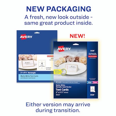 Avery 2 x 3.5 White/Gold Matte Table Tent, Laser/Inkjet, 80 Cards/Pack (3328)