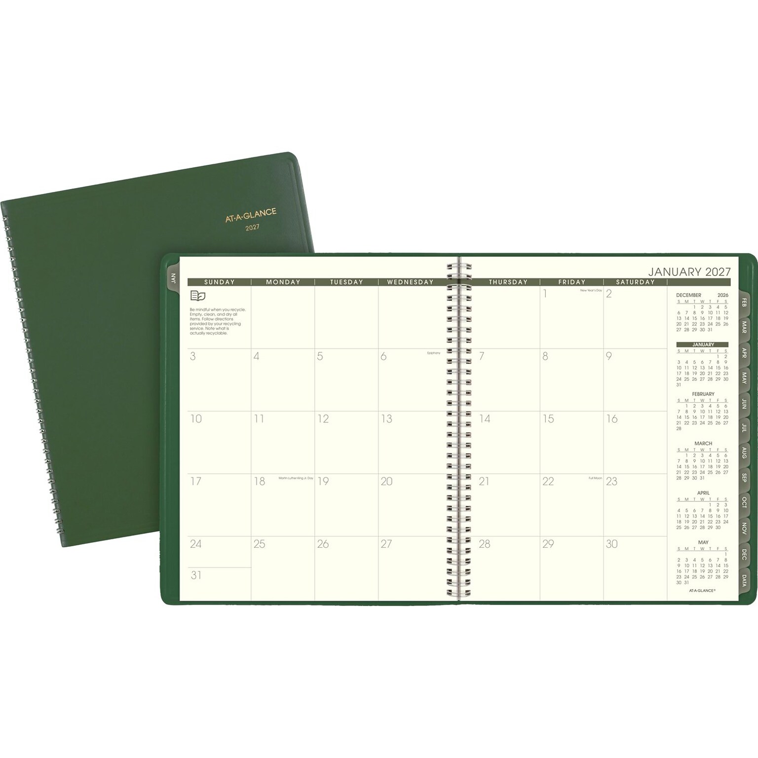 2027 AT-A-GLANCE Recycled 9 x 11 Monthly Planner, Faux Leather Cover, Green (70-270G-60-27)