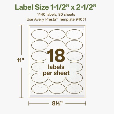 Avery Hemp Oval Laser/Inkjet Multipurpose Labels, 1-1/2" x 2-1/2", Off-White (1440/Box)