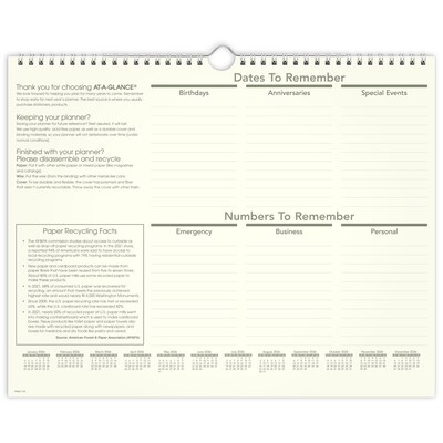 2026 AT-A-GLANCE Recycled 15 x 12 Monthly Wall Calendar, Green/Black (PMG77-28-26)