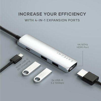 Satechi Slim 4-in-1 4K 4-Port USB-C Hub, Silver (ST-P4SS)