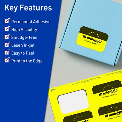 Avery Laser/Inkjet Multipurpose Decorative Edge Labels, 2 x 3, Neon Yellow, 80/Pack (94267)