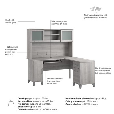 Bush Home Somerset 60"W L Shaped Computer Desk with Hutch, Platinum Gray (SET002PG)