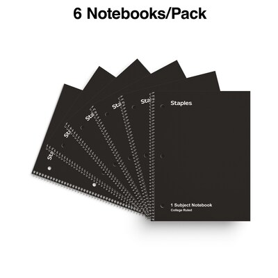 Staples 1-Subject Notebook, 8" x 10.5", College Ruled, 70 Sheets, Black, 6/Pack (TR58374)