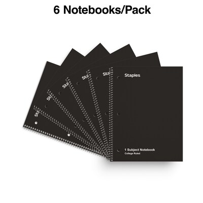 Staples 1-Subject Notebook, 8" x 10.5", College Ruled, 70 Sheets, Black, 6/Pack (ST58374C)