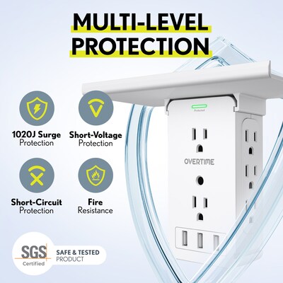 Overtime Wall Outlet Shelf, 8 Outlets and 3 USB Ports, Surge Protector, White (OTWP8O3USB)