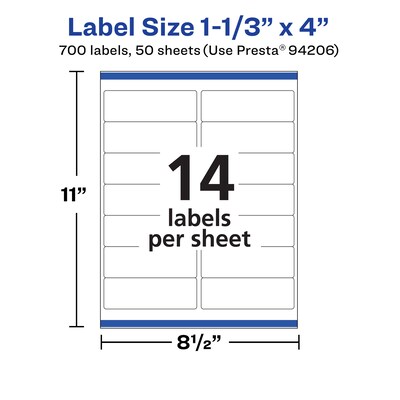 Avery Laser/Inkjet Rectangle Multipurpose Labels, 1-1/3" x 4", White, 700 Labels/Box (94206)