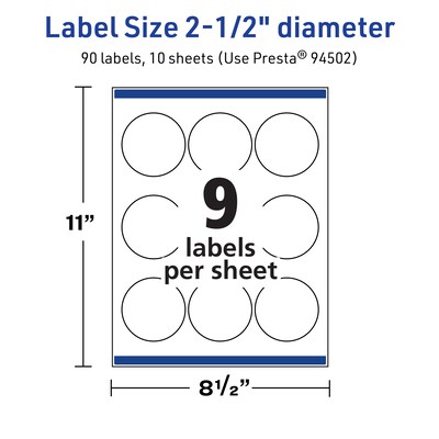 Avery TrueBlock Laser/Inkjet Circle Multipurpose Labels, 2.5" Dia., White, 90/Pack (94502)