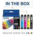 Epson 222XL/222 Black High Yield and Cyan/Magenta/Yellow Standard Yield Ink Cartridges, 4/Pack (T222