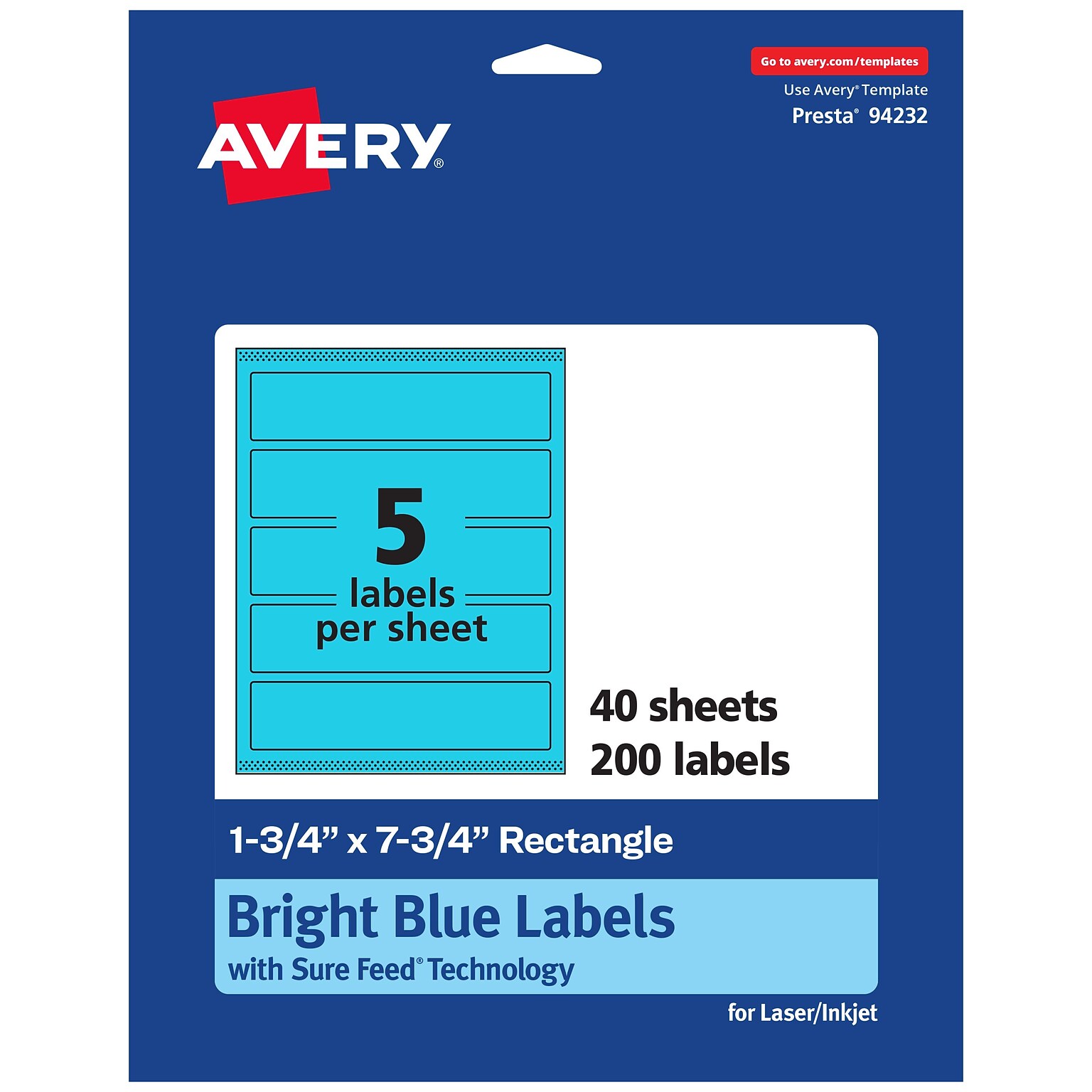 Avery Printable Rectangle Multipurpose Labels, 1.75 x 7.75, Bright Blue, 200/Pack (94232)