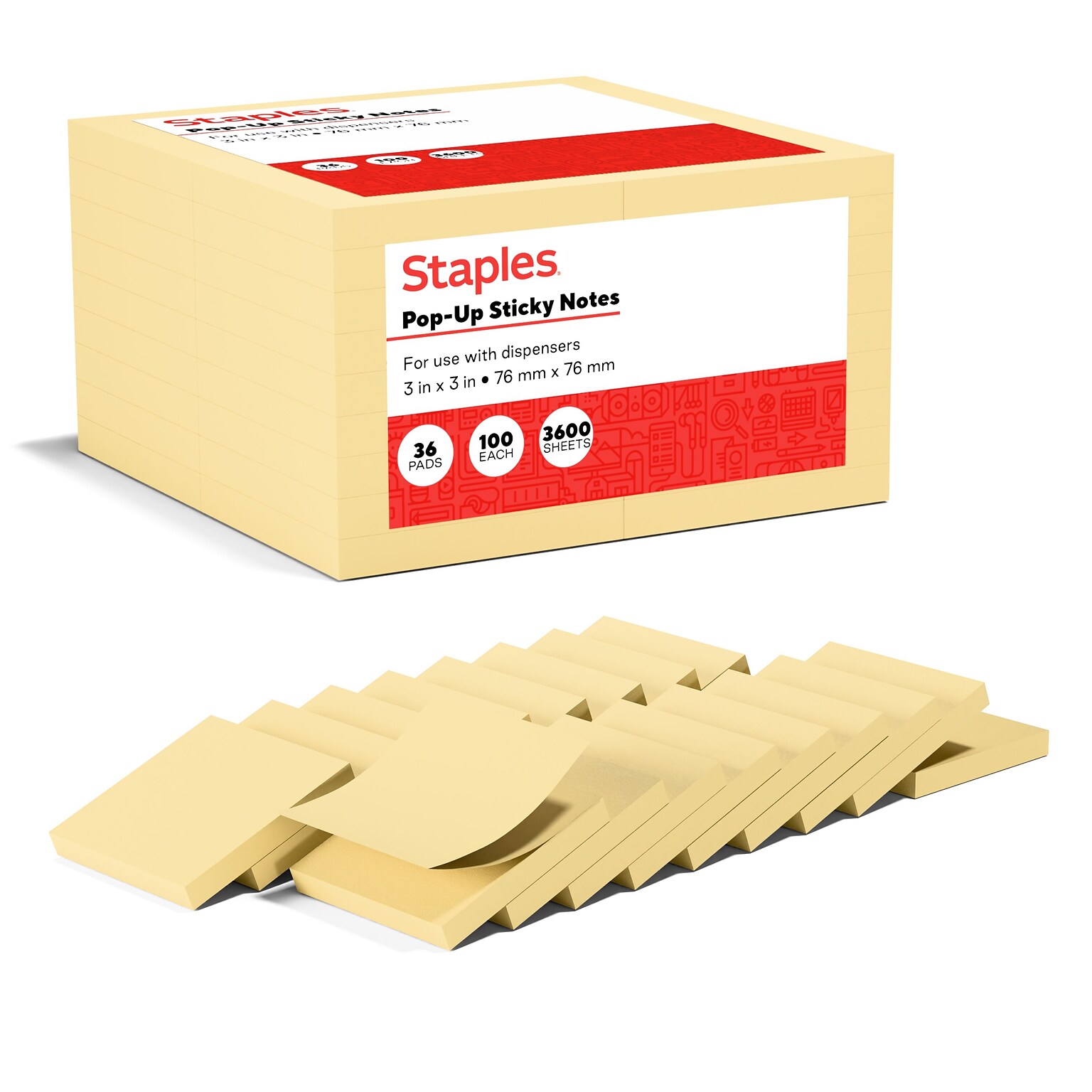 Staples Recycled Pop-up Notes, 3 x 3, Sunshine Collection, 100 Sheet/Pad, 36 Pads/Pack (S-33YRP36)