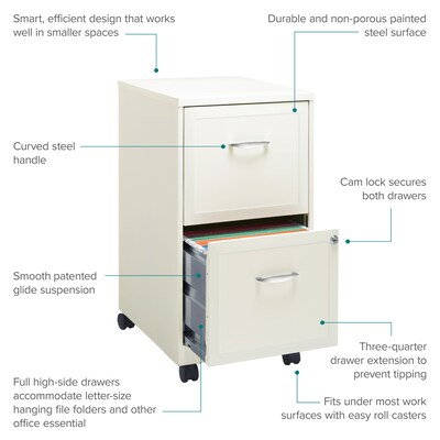 2-Drawer Mobile Pedestal File Cabinet, Letter-Size, Pearl White, 18" Deep (19156)